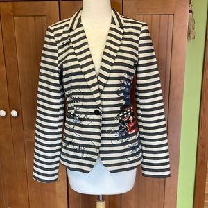 Desigual blazer. Navy/off white stripes w/ graffiti euro size 38